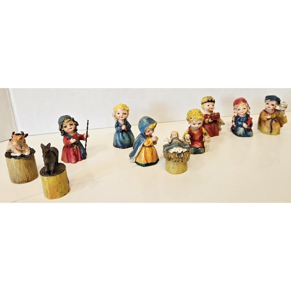 Vintage Miniature Polyresin Children’s Nativity Set 10 PC Complete With Box MKC